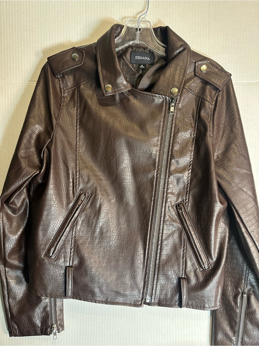 Zenana Outfitters Brown Faux Leather Croc-Embossed Moto Jacket